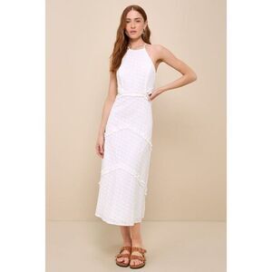 Lulus Perfectly Serene White Eyelet Ruffled Side Cut-Out Tie-Back Midi Dress